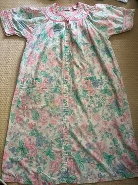 Vintage 80’s Kelly Reed Pink Floral Duster Housecoat Mumu Dress Grannycore L